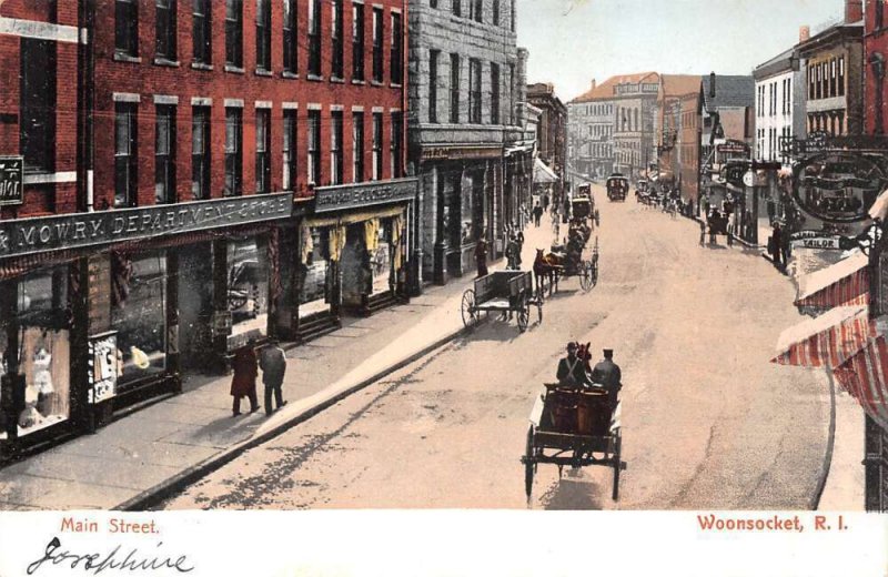 Woonsocket Rhode Island Main Street Shops and Carriages Vintage Postcard U1196