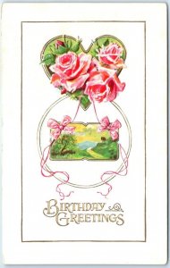 Postcard - Birthday Greetings with Ribbon Heart Roses Embossed Art Print