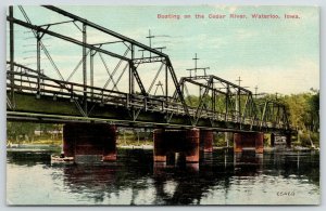Waterloo Iowa~Cedar River Bridge~Multi-Span thru Truss~Rowboat Below~1911 PC