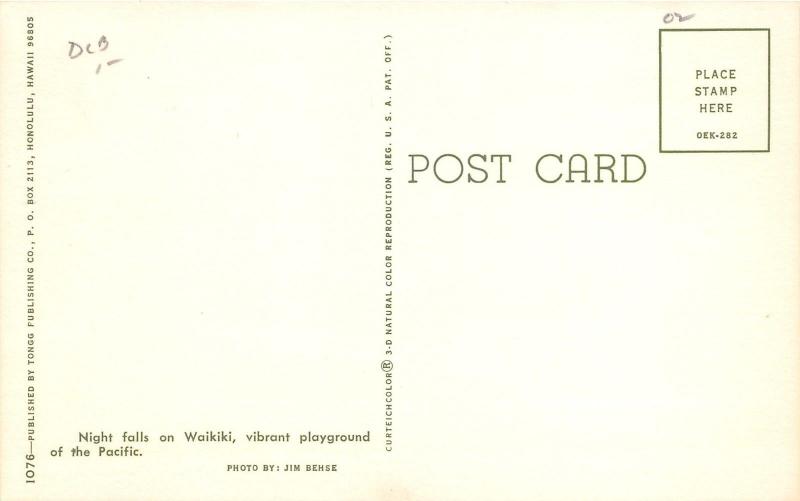 Honolulu Hawaii~Waikiki View @ Dusk~1970s Time Lapse Postcard