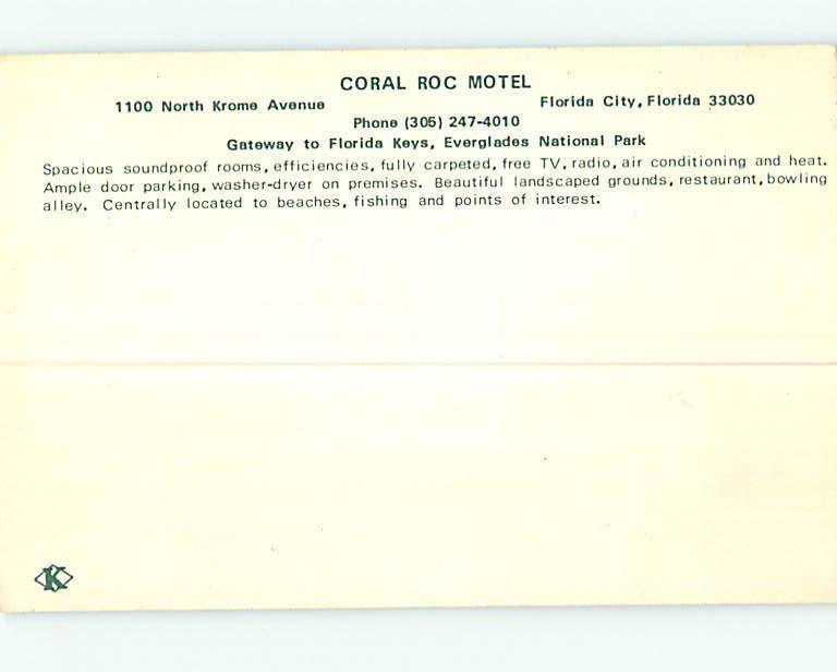 Unused Pre-1980 CORAL ROC MOTEL Florida City Florida FL M3332