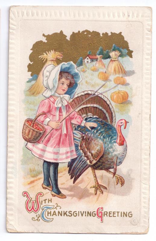 Thanksgiving Girl Turkey Pumpkin Field Vintage embossed 1911 J Herman Postcard