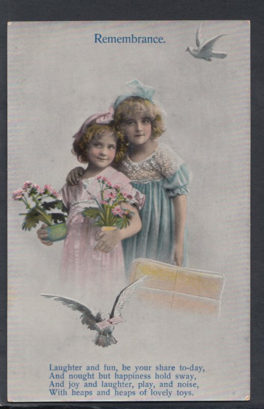 Children Postcard - Remembrance - Two Young Girls, Flowers & Doves HP123