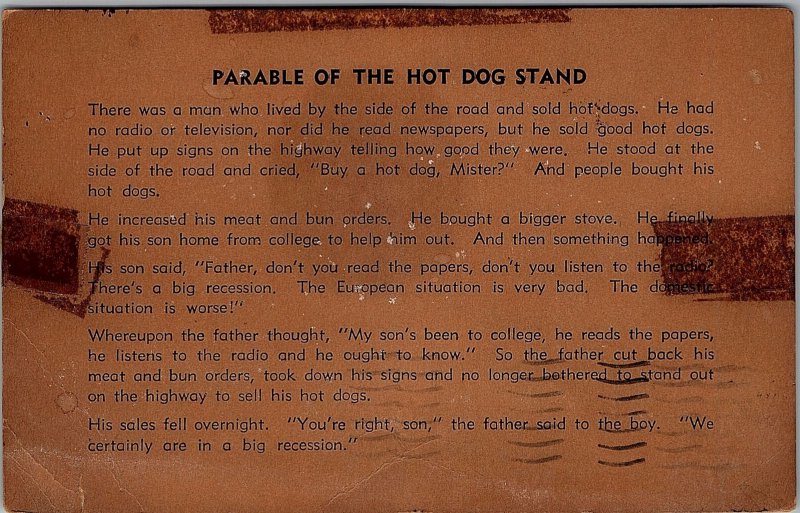 1950 C.R.HETTEL JEWELRY ST. LOUS MO PARABLE HOT DOG ADVERTISING POSTCARD 14-138 