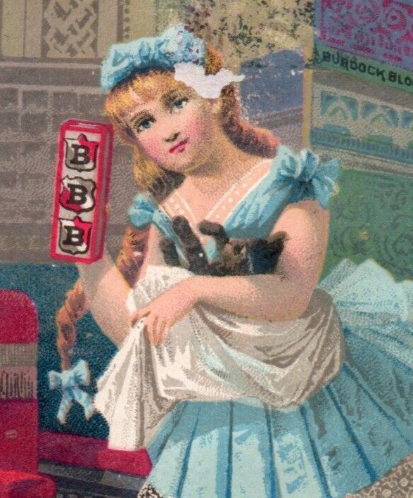 1880s Burdock Blood Bitters Quack Medicine S.K. Jones Virgil, NY Girl & Cat F165