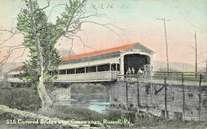 RUSSELL PA~COVERED BRIDGE OVER CONEWANGO RIVER~1911 HAND COLORED POSTCARD