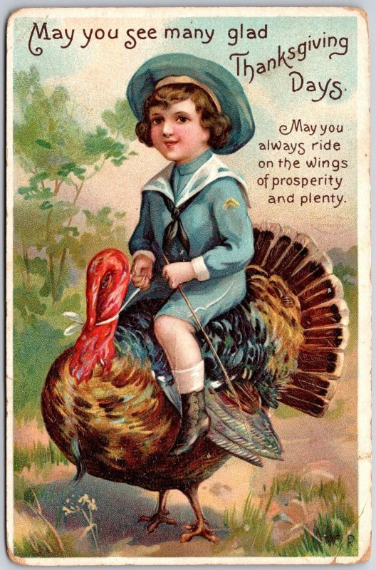 May You See Many Glad Thanksgiving Days Little Boy Backriding In Turkey Postcard