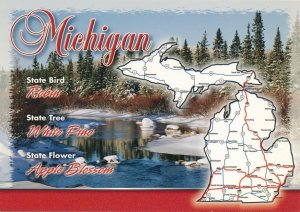 Greetings from Michigan with Map - State Tree White Pine - Flower Apple Blossom