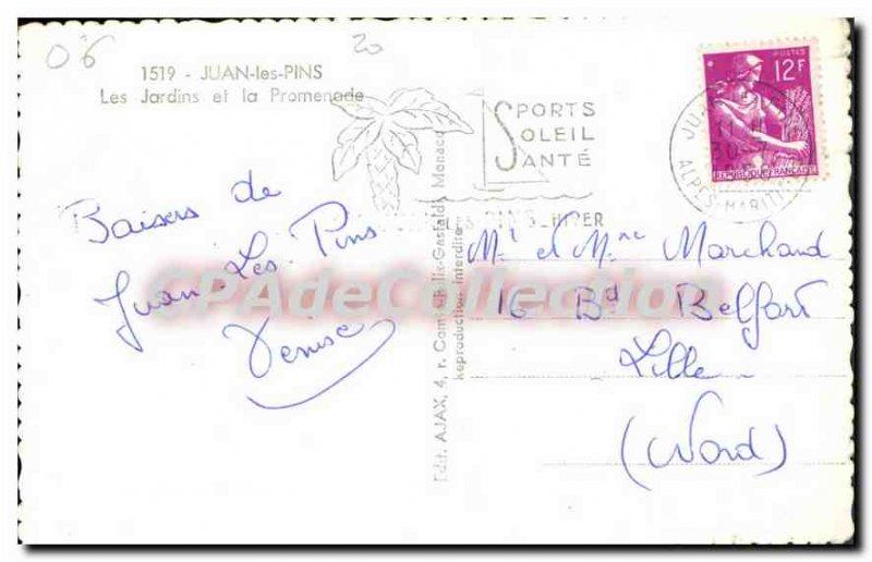 Old Postcard Juan Les Pins Gardens and Promenade