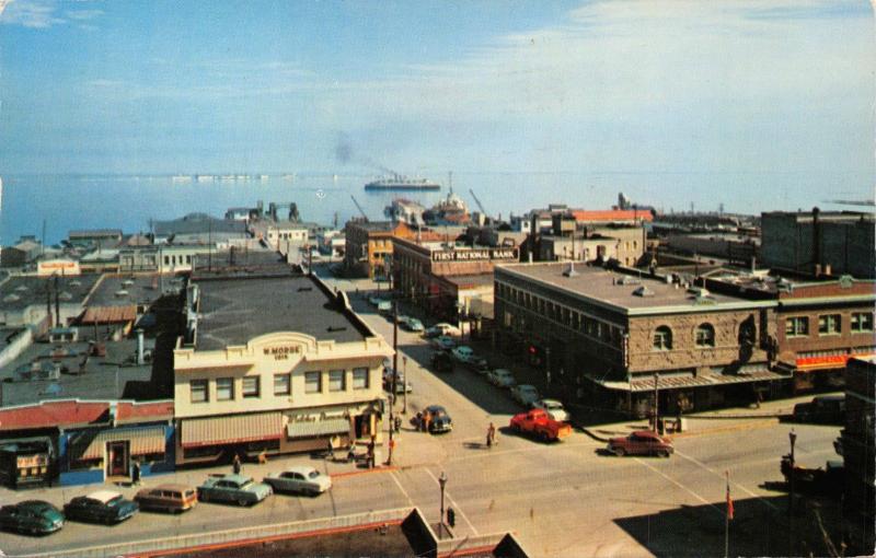 PORT ANGELES WA BIRDSEYE VIEW BUSINESS DISTRICT + CHINOOK FERRY POSTCARD 1966 PM