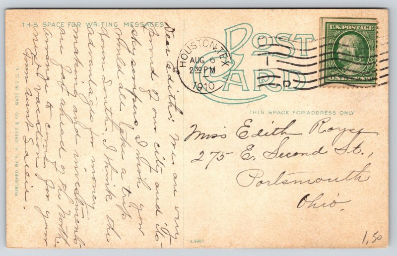 Houston TX~Carter Bldg St View~Horse Carriages~Trolley~Italianate~1910 Postcard