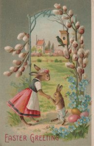 Postcard Easter Greeting Mother Rabbit and Baby Rabbit Country Scene