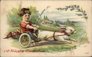 Easter Children Girl Bunny Rabbit Wagon c1900s-10s Postcard