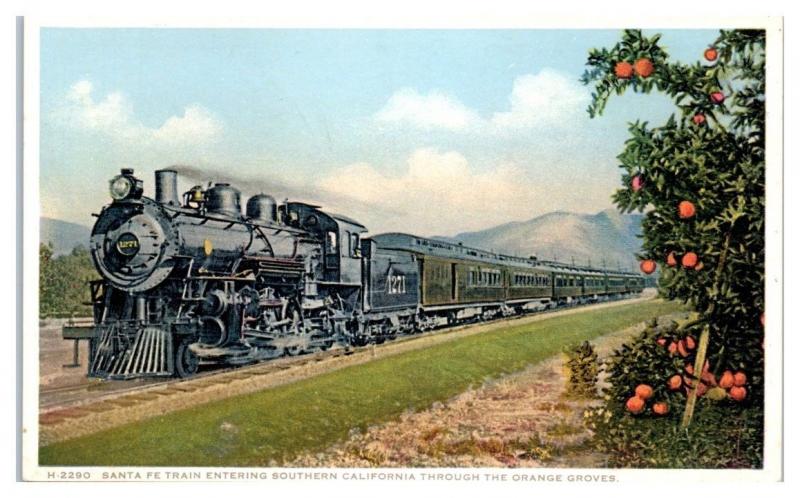 Santa Fe Train Steam Locomotive entering Southern California Postcard