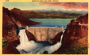 USA Roosevelt Dam and Lake Arizona Linen Postcard 09.85