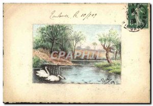Old Postcard DRAWING HAND sign Fancy Pink Swans