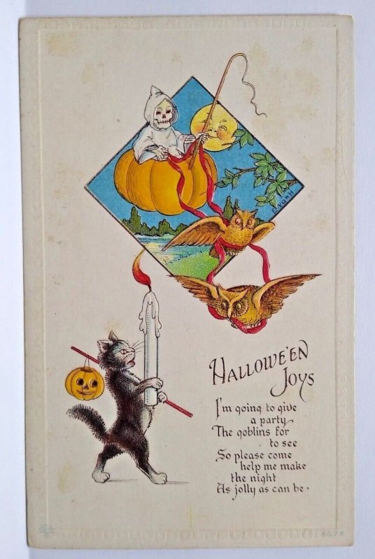 Halloween Postcard Skeleton Grim Reaper Fantasy Standing Black Cat Owls  E Von H 