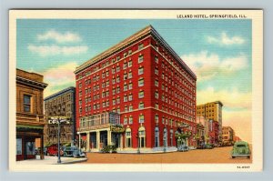Springfield IL-Illinois, Drugstore, Leland Hotel Advertising Linen Postcard 