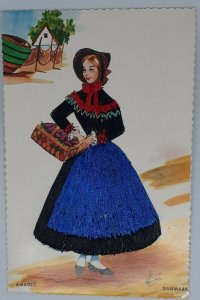 postcard Embroidered - Denmark Amager woman traditional dress blue signed Elsi