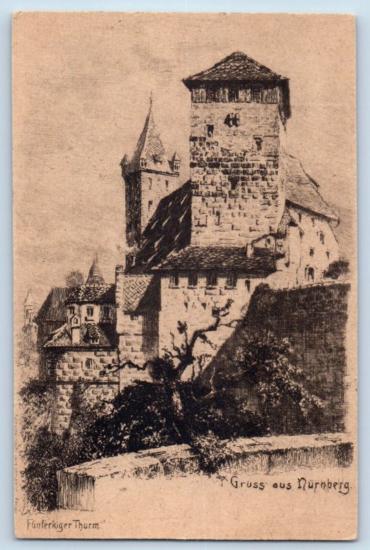 Bavaria Germany Postcard Funfeckiger Thurm Greetings from Nuremberg c1910