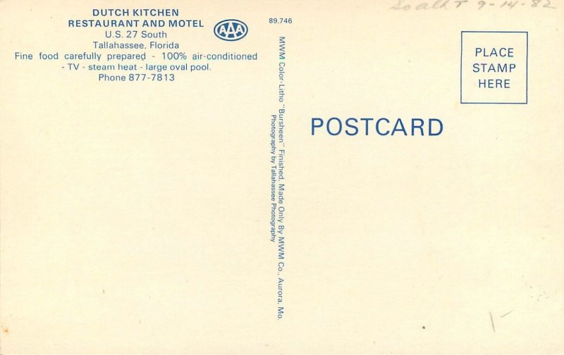 1950s Florida Tallahassee Dutch Kitchen Restaurant Motel MWM Postcard 22-11681