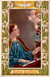 Postcard Cherub Angels Looking Down on Religious Woman Playing Piano Easter Lily