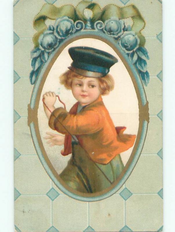 Pre-Linen foreign EUROPEAN BOY IN CAP PULLS ON A ROPE J3206