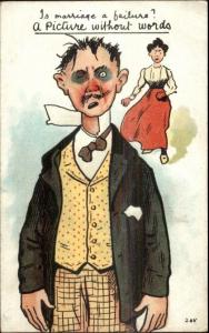 Man w/ Blackened Eyes Beaten by His Wife Domestic Abuse c1910 Postcard