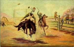 His First Experience a/s L H Dude Larsen Cowboy Bucking Horse Rodeo Postcard