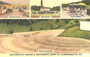 Clarksburg WV Ellis Drive-In Theatre Multi-Views, Linen Postcard