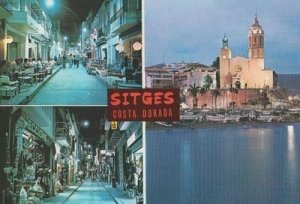 Sitges Costa Dorada Spain at Night Market Shops Restaurant Street Scene Postcard