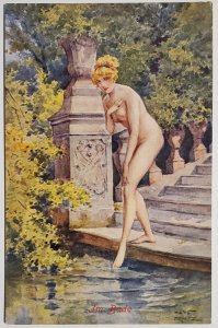 Art Nouveau Risque Nude Woman Dips Toe The Bath Artist Signed  Postcard A36