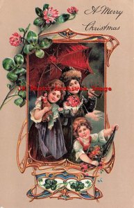 Christmas, PFB No 7113-3, Children with Toys Flowers Umbrella, Four Leaf Clovers