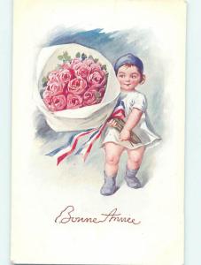 Pre-Linen foreign COLORS OF FLAG OF FRANCE ON FLOWER BOUQUET HELD BY GIRL J5312