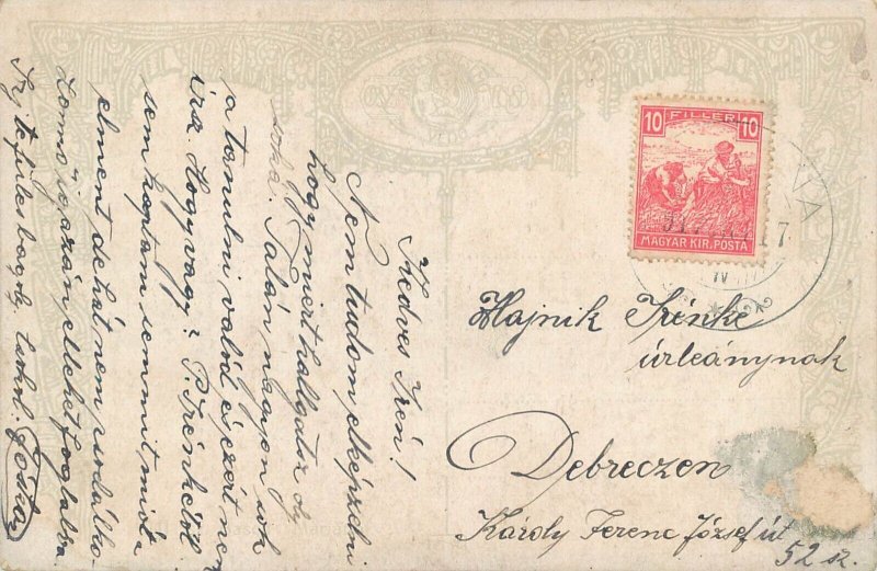 Painting fine art vintage postcard LADY IN NATURE STATUE