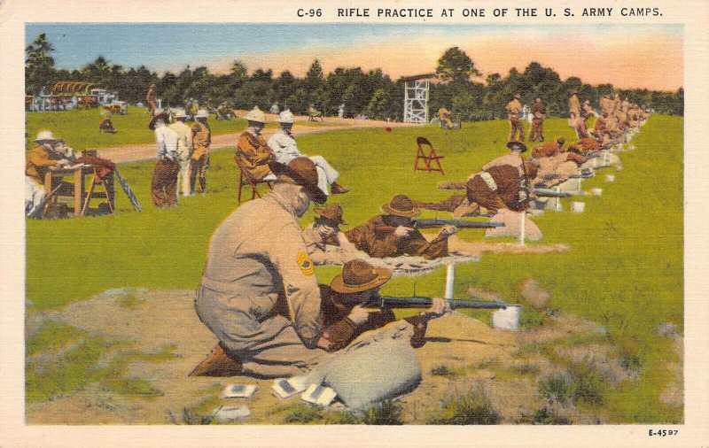 Rifle Practice at One of the U.S. Army Camps, World War II  Era Postcard, unused 