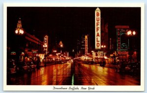 BUFFALO, NY New York ~ Night NEON ~ THEATRES ~Downtown STREET SCENE Postcard