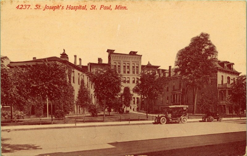 St. Joseph's Hospital St. Paul Minnesota Postcard antique cars
