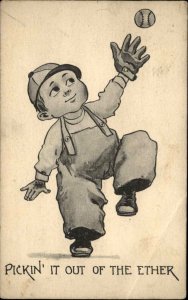 Little Boy Playing Baseball Catching Fly Ball OUT OF THE ETHER c1910 Postcard