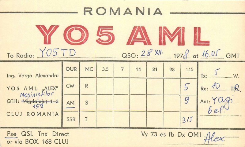 Romania Amateur Radio Station QSL card YO5KDK YO5AML