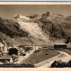 c1910s Gletsch, Switzerland Town Birds Eye RPPC Rhones Glacier Photo German A150