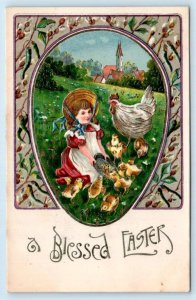 A BLESSED EASTER Embossed GIRL FEEDING BABY CHICKS c1910s Bit of Gold Postcard