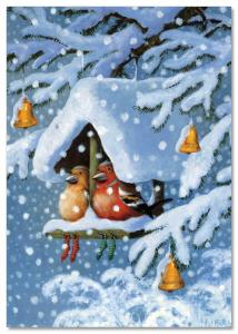 Birds bask in feeder Christmas Tree by Rudi Hurzlmeier Russian Modern Postcard