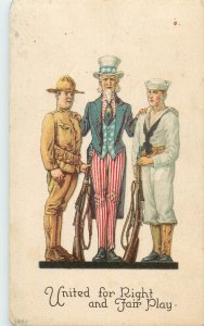 WWI Postcard Uncle Sam With United States Soldier And Sailor 1352