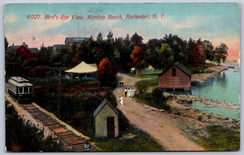 K27/ Rochester New York Postcard c1910 Manitou Beach Trolley Birdseye 485