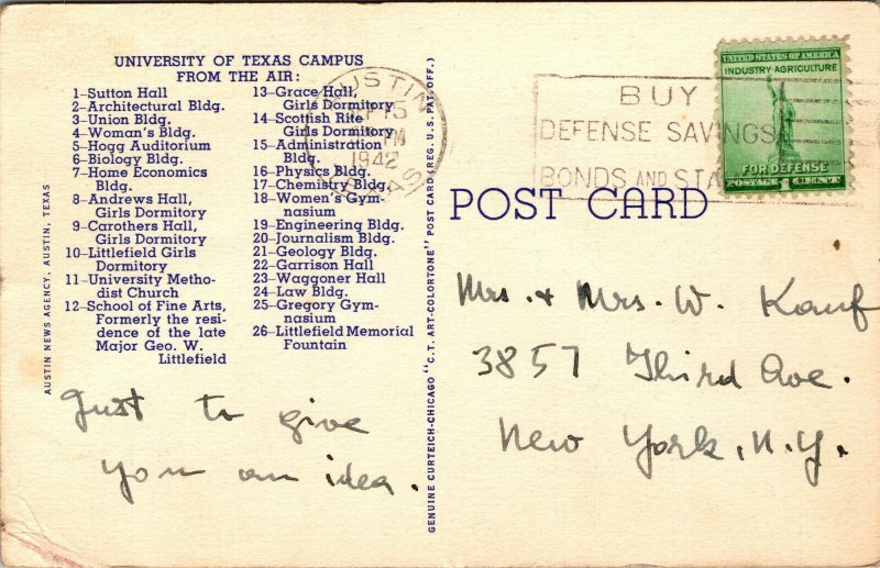Vtg 1940s University of Texas Aerial View Austin Texas TX Linen Postcard