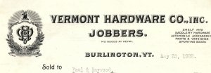 1922 BURLINGTON VT VERMONT HARDWARE CO JOBBERS INVOICE BILLHEAD Z3421