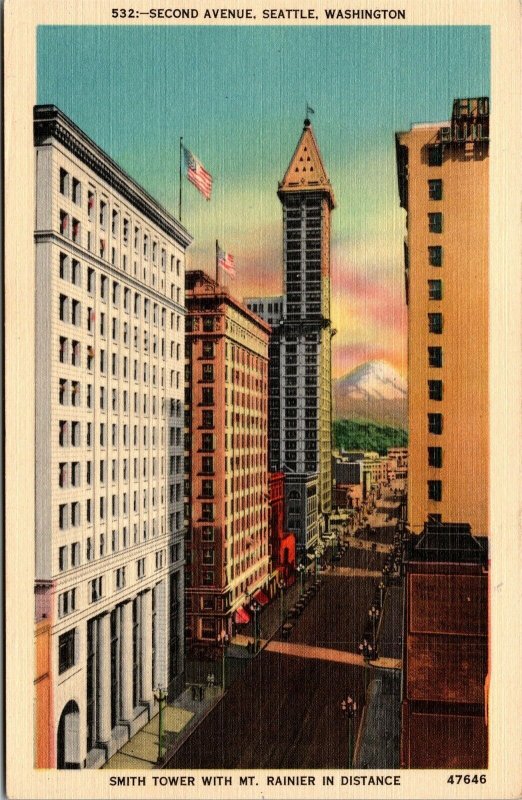 Vtg Seattle Washington WA Second Avenue Smith Tower Mt Rainier 1930s Postcard