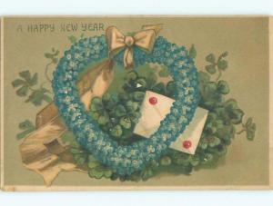 Pre-Linen new year HEART MADE OF FORGET-ME-NOT FLOWERS WITH YELLOW RIBBON k5093