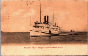 Steamer City of Bangor From Sersport Wharf Maine Vintage Postcard C063